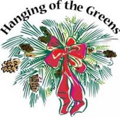 Text Hanging of the Greens is written over a drawing of garland greens with pine cones and a red ribbon